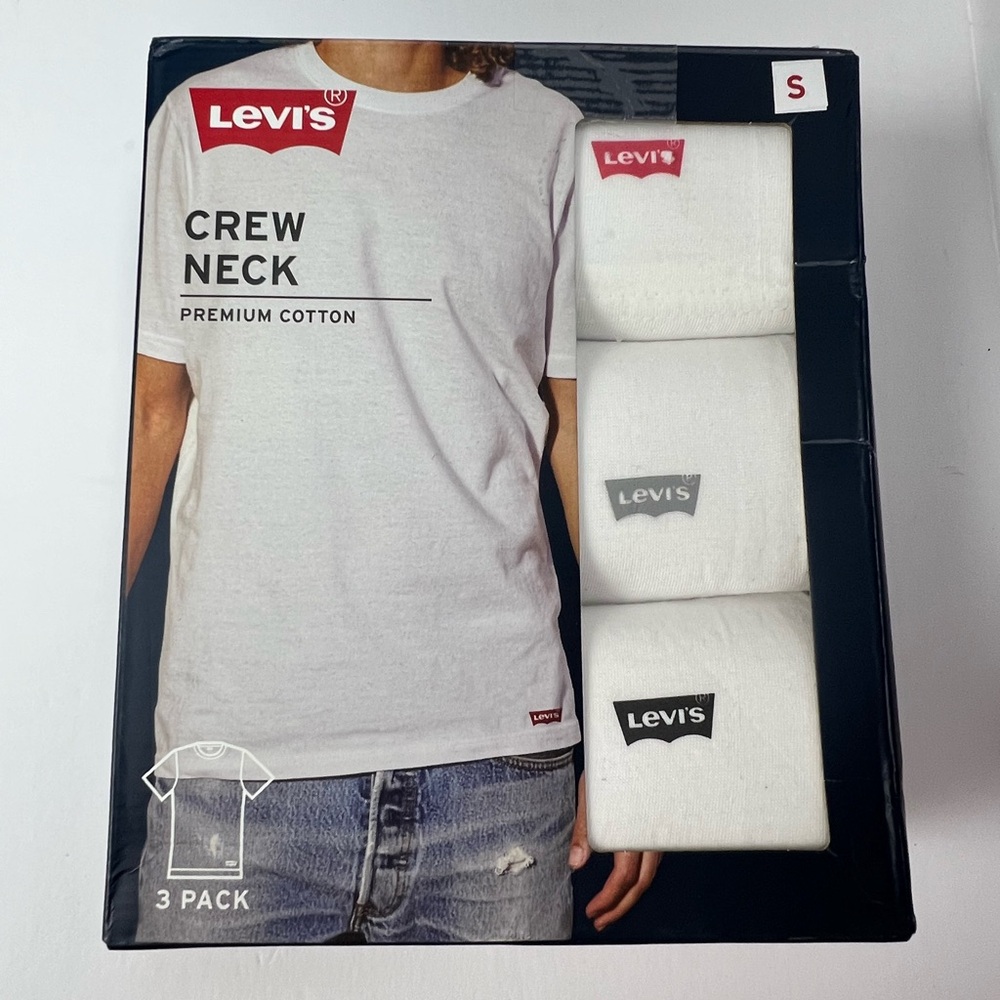 LEVI'S CREW NECK 3 PACK WHITE 100% PREMIUM COTTON LOGO T SHIRTS UNDERWEAR SIZE S